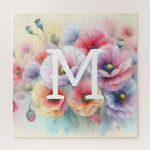 Floral Aquarellfarben Monogramm rosa Mohnblütenblü Puzzle