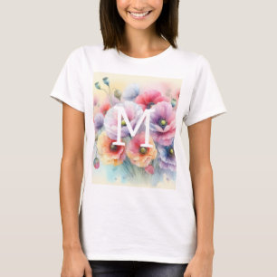 Floral Aquarellfarben Monogramm rosa Mohnblütenblü T-Shirt