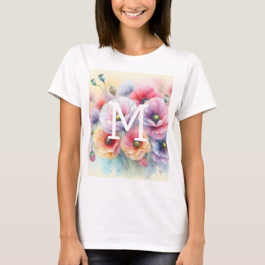 Floral Aquarellfarben Monogramm rosa Mohnblütenblü T-Shirt (Vorderseite)