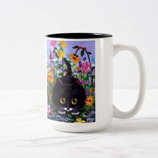 Floral Art Black Tuxedo Cat Blume Creationarts Zweifarbige Tasse (Rechts)