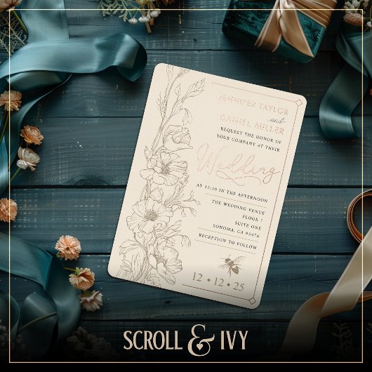 Floral Art Deco Rustikales Cornmér Hochzeit Einlad Folieneinladung