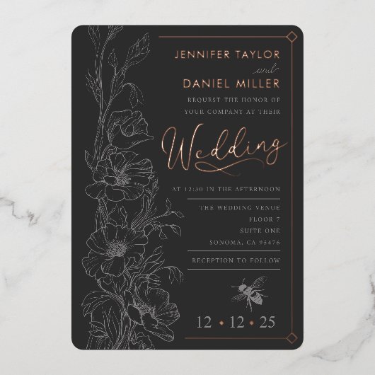 Floral Art Deco Slate & Black Wedding Einladung (Vorderseite)