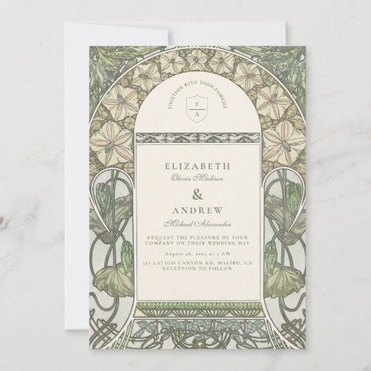 Floral Art Nouveau Grüne Hochzeit Einladung (Vorderseite)