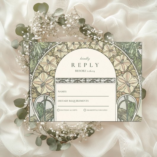 Floral Art Nouveau Grüne Hochzeit RSVP Karte