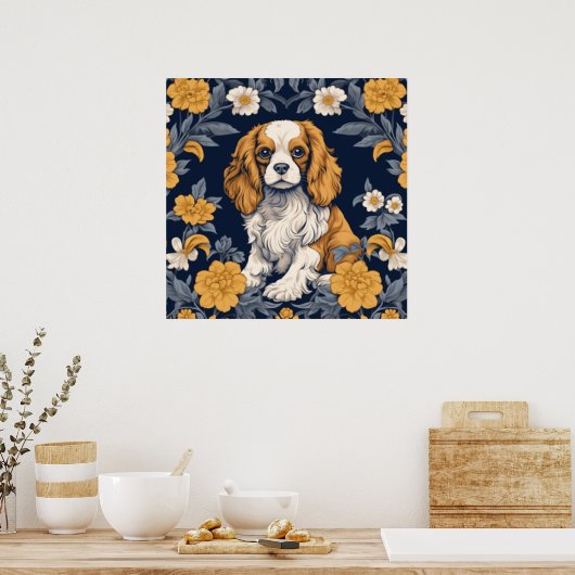 Floral Art Nouveau King Charles Cavalier Spaniel Poster (Küche)