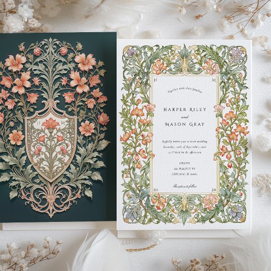 Floral Art Nouveau Wedding Bougainvillea Shield Einladung