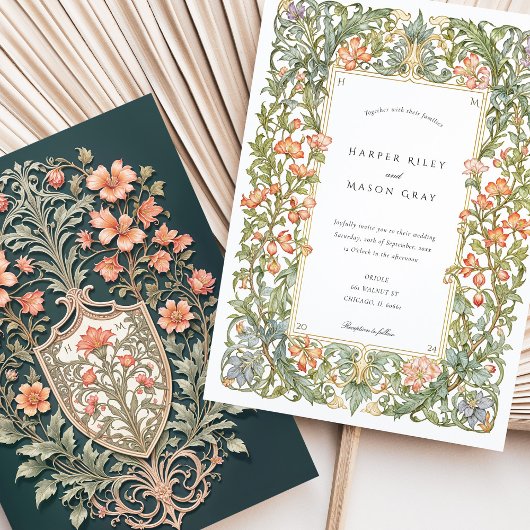 Floral Art Nouveau Wedding Bougainvillea Shield Einladung