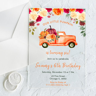 Floral Autumn Pumpkin Truck Birthday Party Acryleinladungen