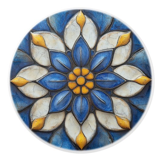 Floral Azulejo Blau Weiß und Gelb Keramikknauf (Vorderseite)