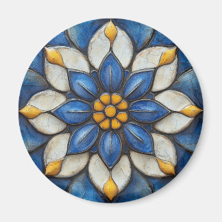 Floral Azulejo Blau Weiß und Gelb Magnet
