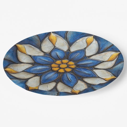 Floral Azulejo Blau Weiß und Gelb Pappteller (Schrägansicht)