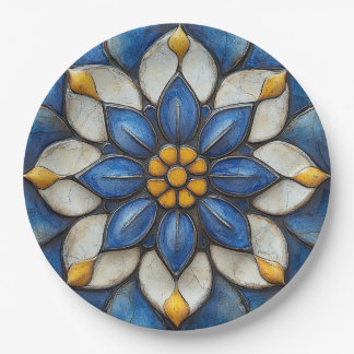 Floral Azulejo Blau Weiß und Gelb Pappteller