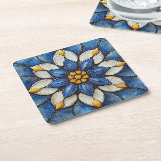 Floral Azulejo Blau Weiß und Gelb Rechteckiger Pappuntersetzer (angewinkelt)