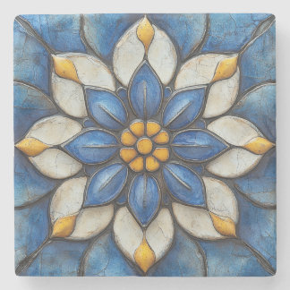 Floral Azulejo Blau Weiß und Gelb Steinuntersetzer