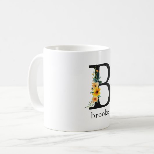 Floral-B-Monogramm-Tasse mit bearbeitbarem Namen Kaffeetasse (Vorderseite Links)