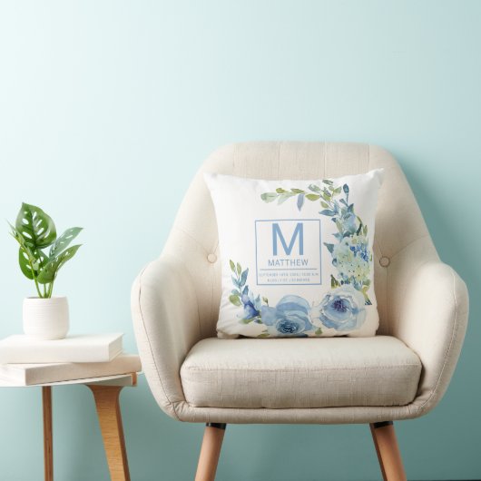 Floral Baby Blue Birth Stats Newborn Baby Kissen (Stuhl )