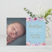 Floral Baby Boy Foto Script Danke Pink Birth Ankündigung (Stehend Vorderseite)