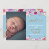 Floral Baby Boy Foto Script Danke Pink Birth Ankündigung (Vorne/Hinten)