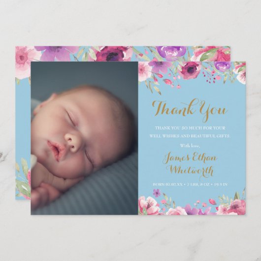 Floral Baby Boy Foto Script Danke Pink Birth Ankündigung (Vorne/Hinten)