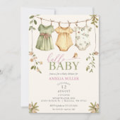 Floral Baby Clothesline Hello Baby Baby Shower Einladung (Vorderseite)
