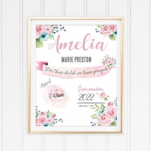 Floral Baby Girl Watercolor Geburtsstatistik Rosa Poster