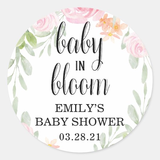 Floral Baby in Bloom Stickers, Baby Dusche Gefalle Runder Aufkleber (Vorderseite)