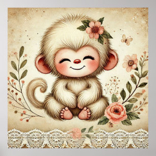 Floral Baby Monkey Kinderzimmer Poster
