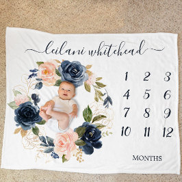 Floral Baby Month Milestone Blush Navy Baby Fleecedecke
