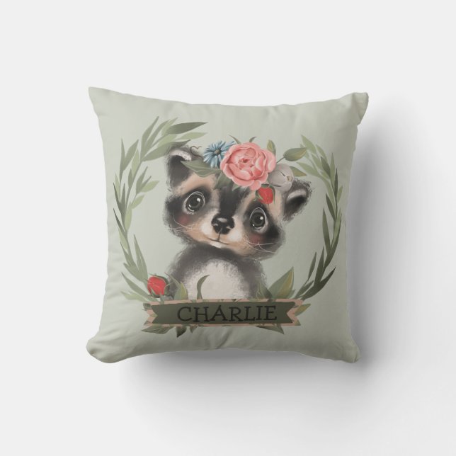 Floral Baby Racoon Kissen (Vorderseite)