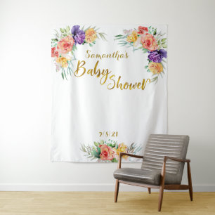 Floral Baby Shower Gold Background Foto Stand Wandteppich