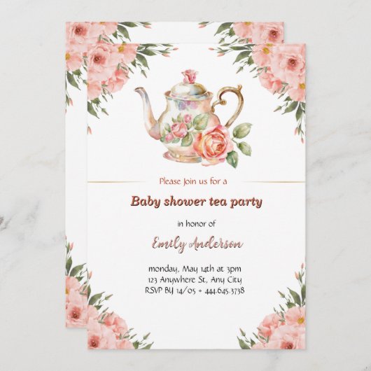 Floral Baby Shower Tee Party Einladung (Vorne/Hinten)