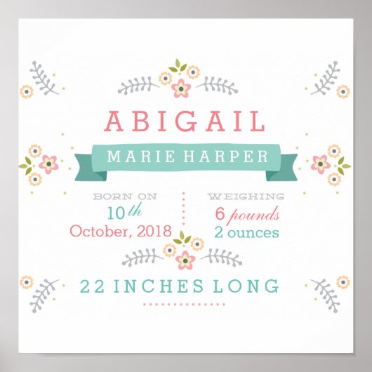 Floral Baby Stats Poster (Vorne)