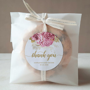 Floral Babyparty Pink Gold Danke Runder Aufkleber