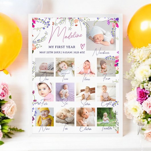 Floral Baby's First Year Foto Collage Meilenstein Poster