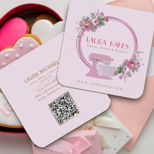 Floral Bakery Business Card   Rosa Mixer-Logo Quadratische Visitenkarte