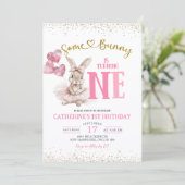 Floral Ballerina Bunny First Birthday Invitation Einladung (Stehend Vorderseite)