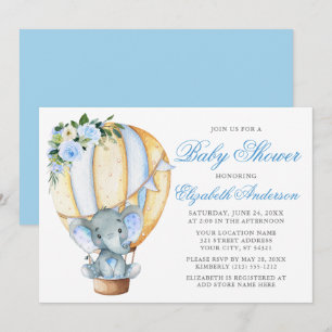 Floral Balloon Blue Elephant Baby Dusche Einladung