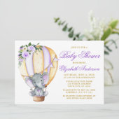Floral Balloon Elephant Baby Dusche Lila Einladung (Stehend Vorderseite)