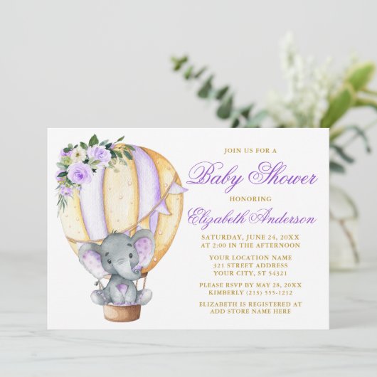 Floral Balloon Elephant Baby Dusche Lila Einladung (Stehend Vorderseite)