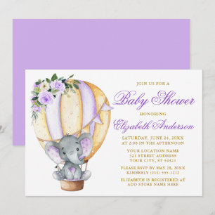 Floral Balloon Elephant Baby Dusche Lila Einladung