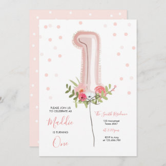 Floral Balloon Erster Geburtstag Einladung Pink Gi