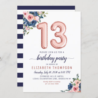 Floral Balloon Rose Gold Blush Navy 13. Geburtstag Einladung