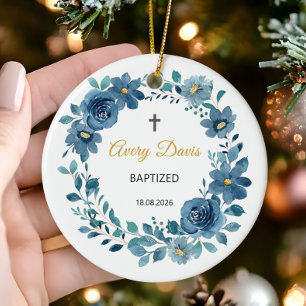 Floral Baptized Personalisiert Name and Date Keramik Ornament
