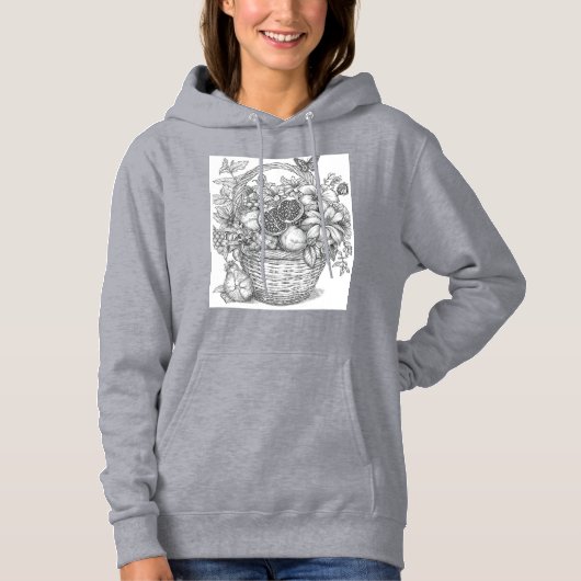 Floral Basket and Fruits Ink Illustration Hoodie (Vorderseite)