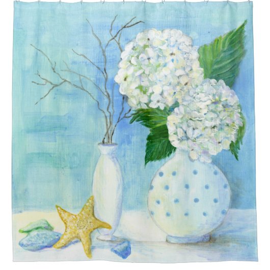 Floral Beach Hydrangea Hütte Starfish Sea Glass Duschvorhang (Vorderseite)