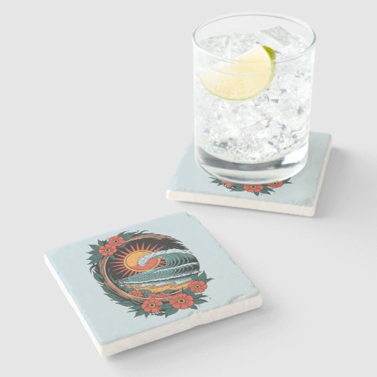 Floral Beach Lover Sunset Vacation Geschenk Retro Steinuntersetzer (Seitenansicht)