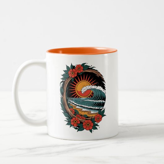 Floral Beach Lover Sunset Vacation Geschenk Retro Zweifarbige Tasse (Links)