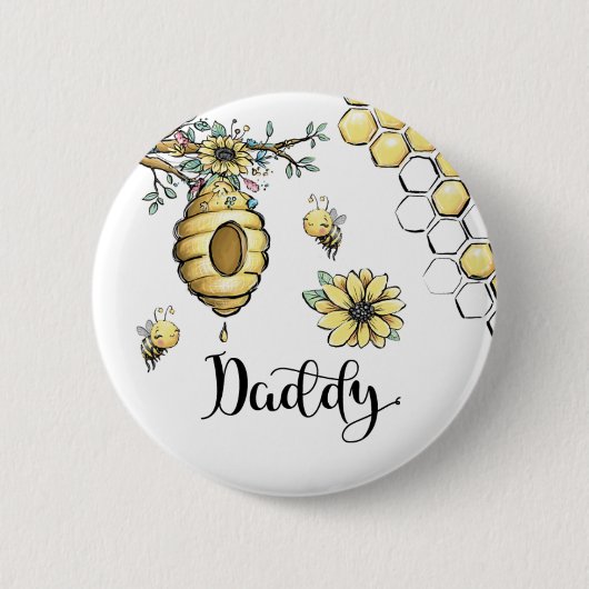Floral Beehive Honey Sweet Bee Baby Shower Daddy Button (Vorderseite)