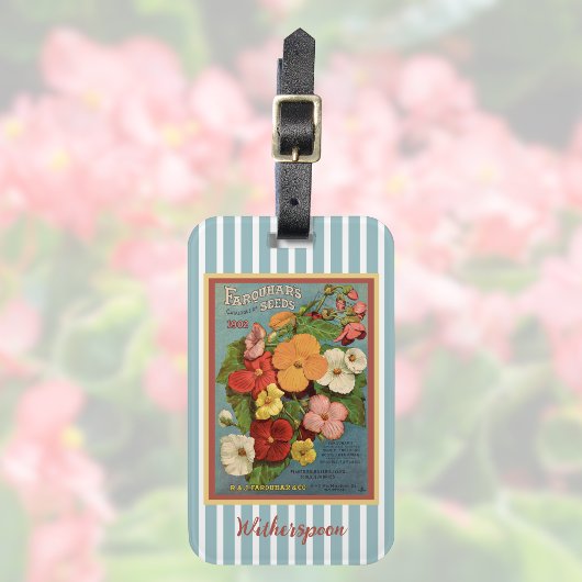 Floral Begonias Pink 1902 Seed Packet Blue Stripes Gepäckanhänger