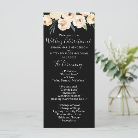 Floral Beige Black Wedding Programm (Stehend Vorderseite)